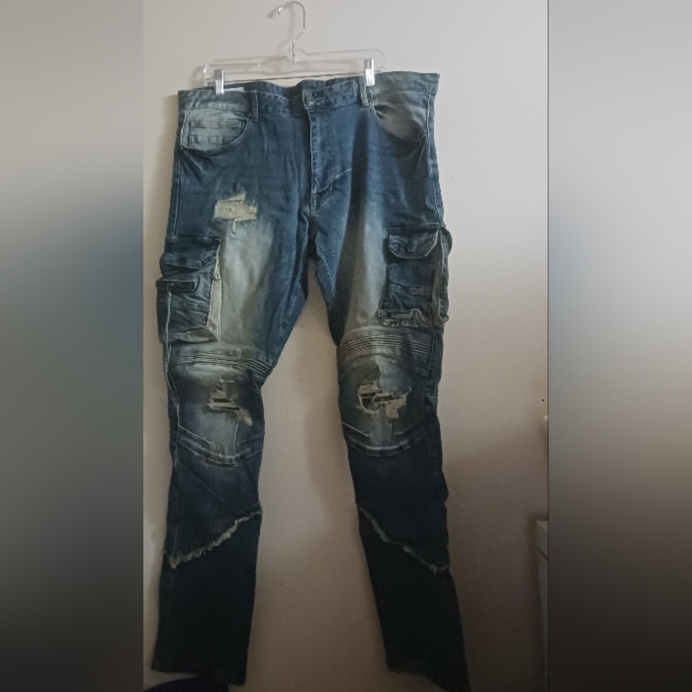 Smoke Rise Mens Blue Denim Ripped Cargo Jeans 40/34 A-43